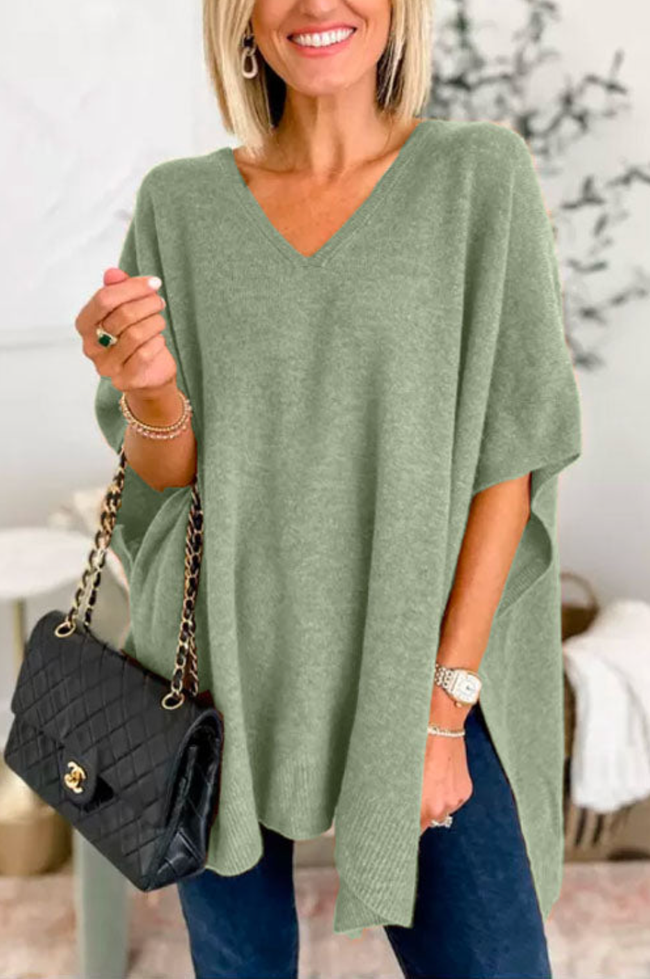 10 Colors V Neck Loose Fit Solid Poncho Sweater Sage