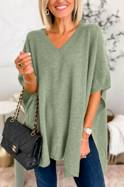 10 Colors V Neck Loose Fit Solid Poncho Sweater Sage