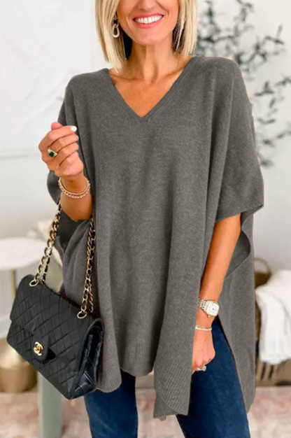 10 Colors V Neck Loose Fit Solid Poncho Sweater Deep Gray