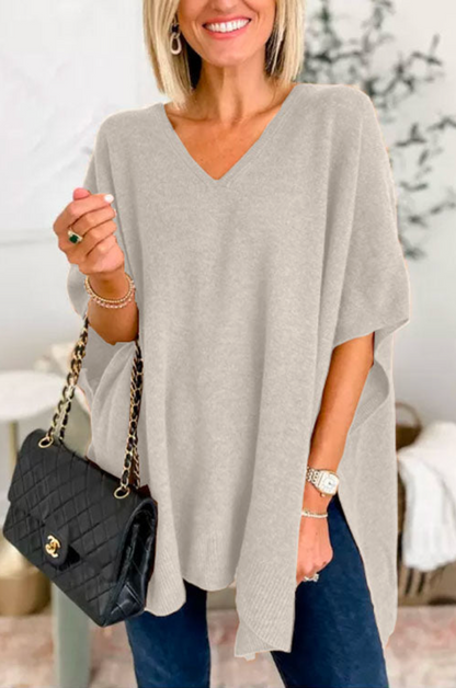 10 Colors V Neck Loose Fit Solid Poncho Sweater Light Gray