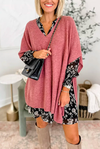 10 Colors V Neck Loose Fit Solid Poncho Sweater Dusty Pink