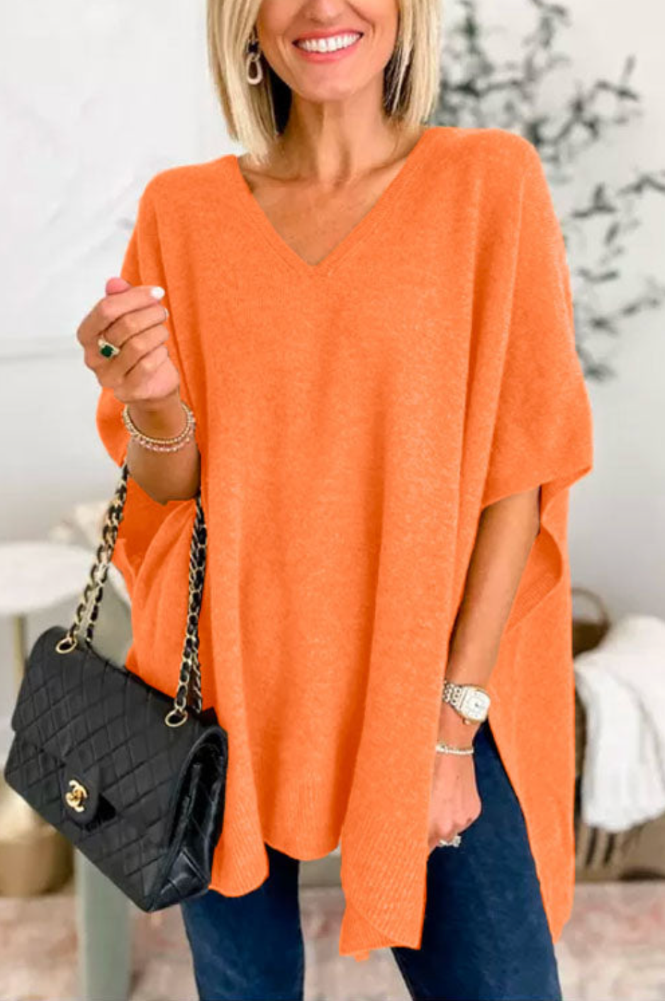 10 Colors V Neck Loose Fit Solid Poncho Sweater Orange