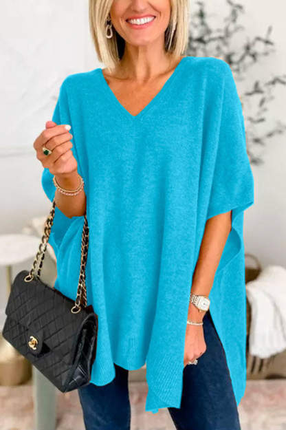 10 Colors V Neck Loose Fit Solid Poncho Sweater Blue