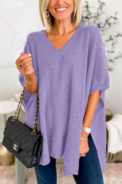 10 Colors V Neck Loose Fit Solid Poncho Sweater Lilac