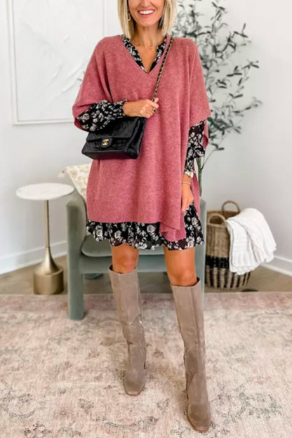 10 Colors V Neck Loose Fit Solid Poncho Sweater