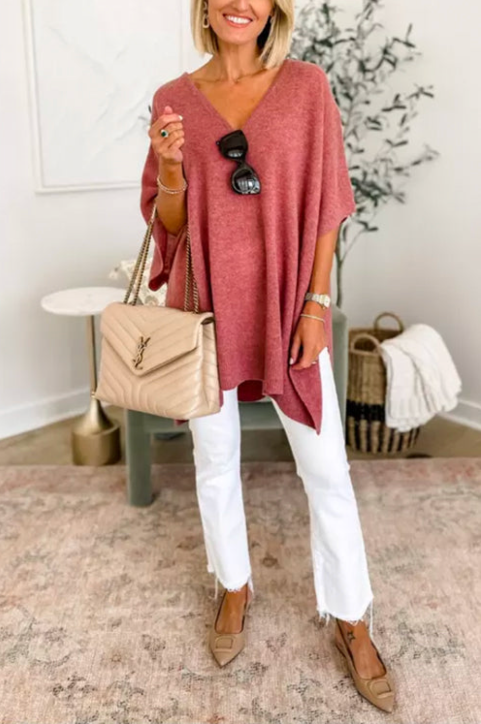 10 Colors V Neck Loose Fit Solid Poncho Sweater