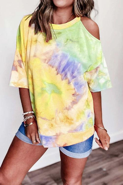 Rosiedress Cold Shoulder Short Sleeve Tie Dye T-shirt Yellow