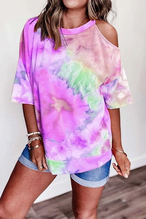 Cold Shoulder Short Sleeve Tie Dye T-shirt Purple