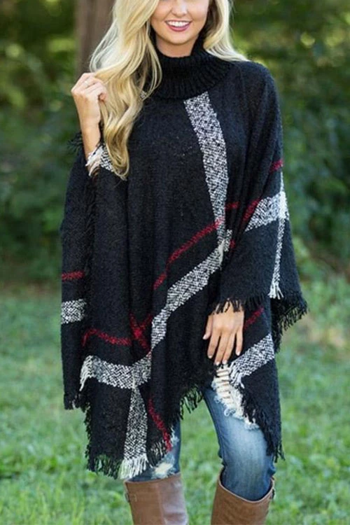 Rosiedress Tassel Color Block Classic Cloak Poncho Sweater