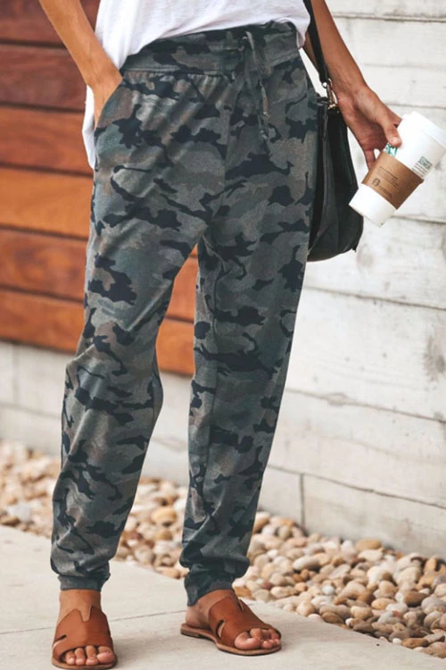 Rosiedress High Waist Drawstring Camo Casual Pants