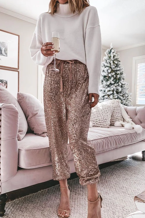 Rosiedress Stylish Festive Party Sequin Pants Rose Gold