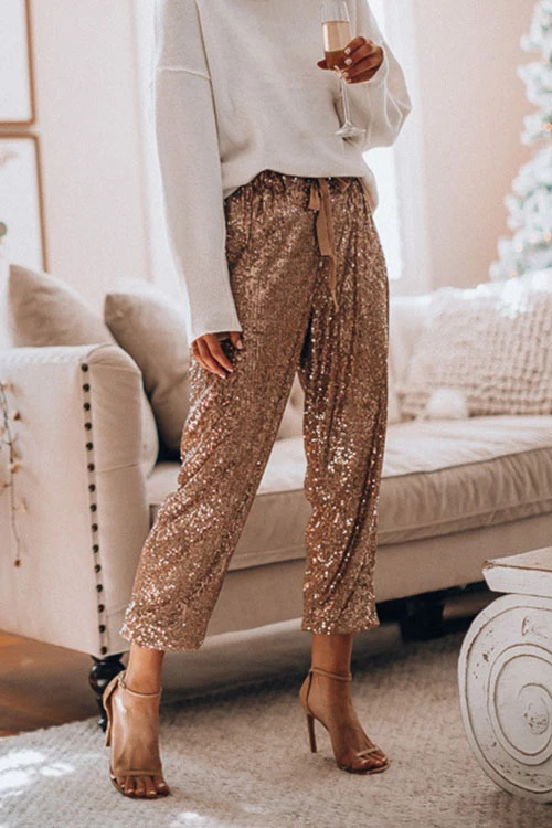 Drawstring Mid Waist Glitter Sequin Pants