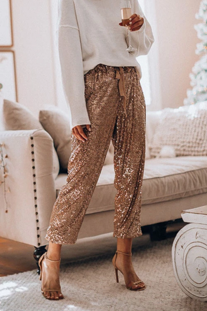 Drawstring Mid Waist Glitter Sequin Pants