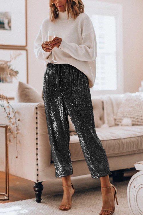 Drawstring Mid Waist Glitter Sequin Pants