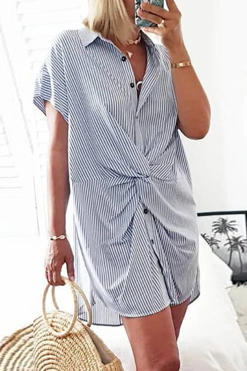 Rosiedress Short Sleeve Twist Knot Striped Shirt Dress Blue