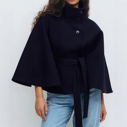 Women’s Belted Cape Coat with Wide Sleeves