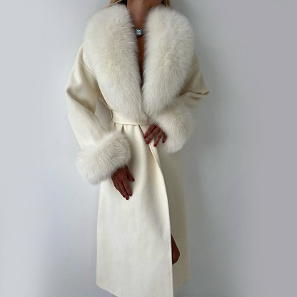 Women’s Belted Long Coat with Faux Fur Trim