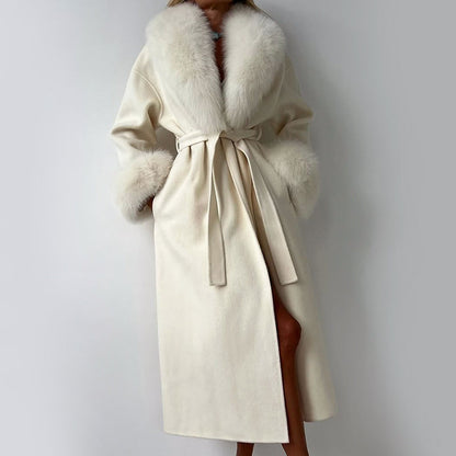 Women’s Belted Long Coat with Faux Fur Trim