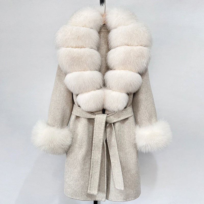 Women’s Belted Wool Coat with Genuine Fur Trim