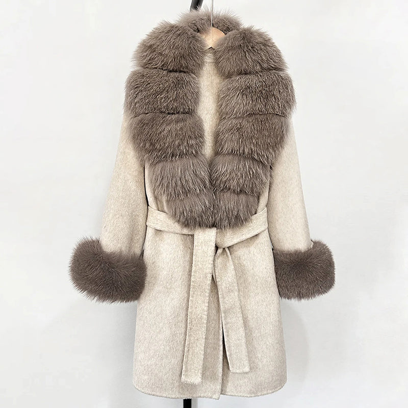 Women’s Belted Wool Coat with Genuine Fur Trim