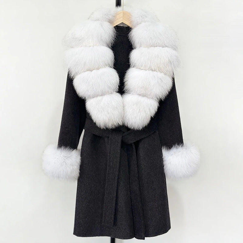 Women’s Belted Wool Coat with Genuine Fur Trim