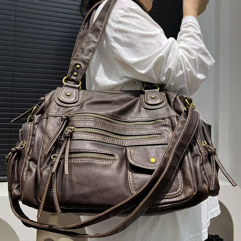 Women’s Casual Faux Leather Shoulder Bag with Multiple Pockets