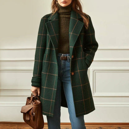 Women’s Checked Trench-Style Coat with Button Closure