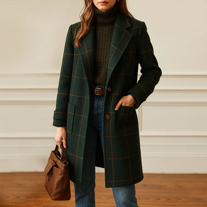 Women’s Checked Trench-Style Coat with Button Closure