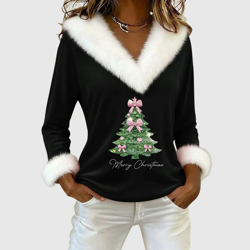 Women’s Christmas V-Neck Top with Fur Trim