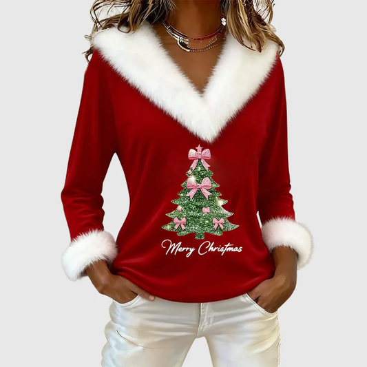 Women’s Christmas V-Neck Top with Fur Trim