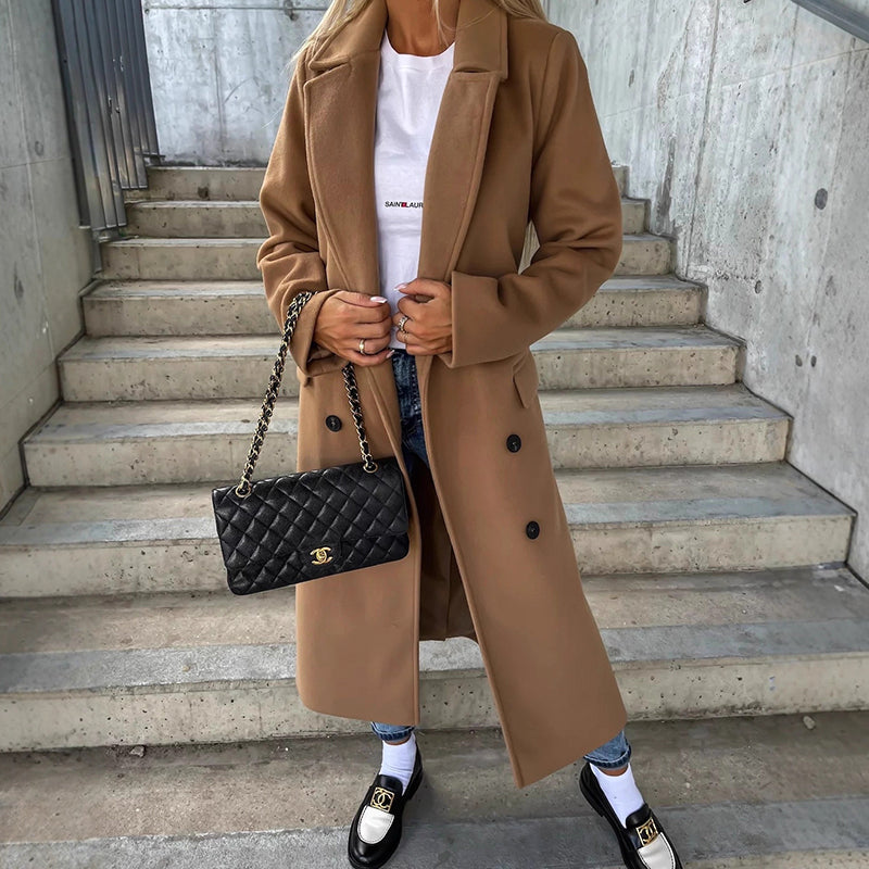 Women’s Double-Button Long Coat with Side Pockets