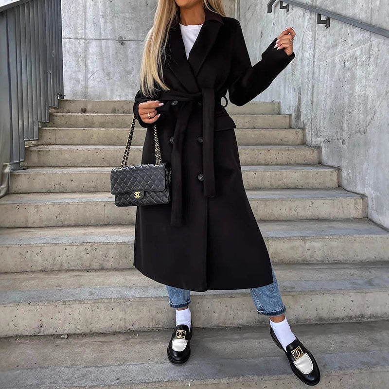 Women’s Double-Button Long Coat with Side Pockets