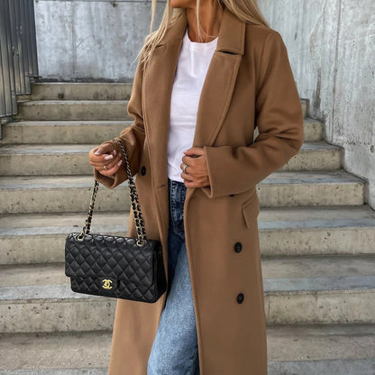 Women’s Double-Button Long Coat with Side Pockets