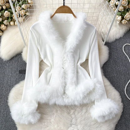 Women’s Elegant Ribbed Top with Faux Fur Trim