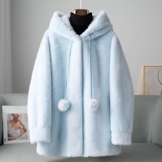 Women’s Faux Fur Hooded Coat with Pom Details