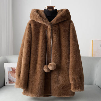 Women’s Faux Fur Hooded Coat with Pom Details
