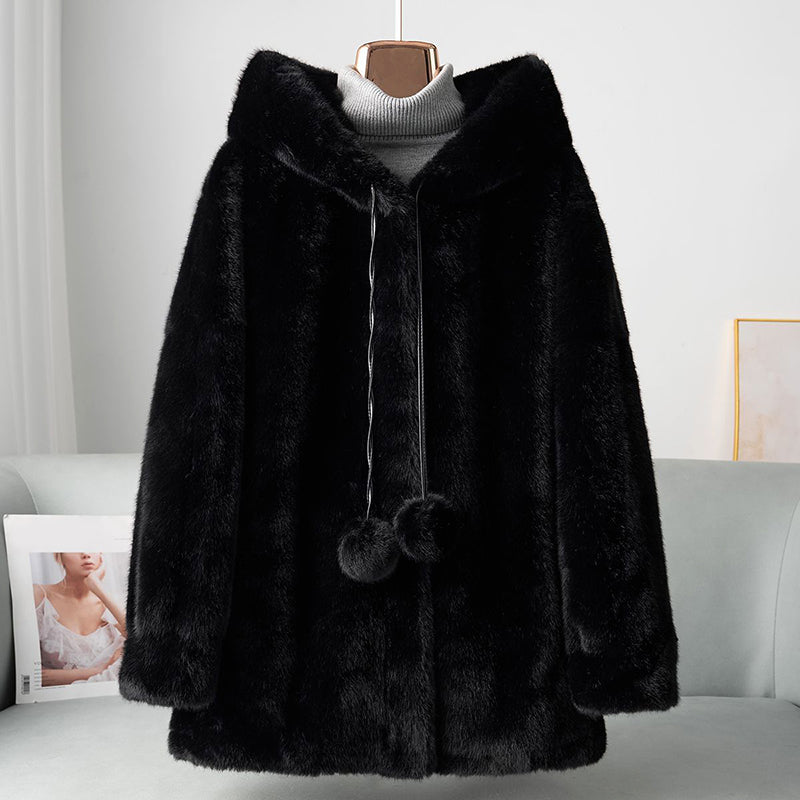Women’s Faux Fur Hooded Coat with Pom Details