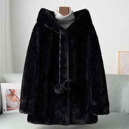 Women’s Faux Fur Hooded Coat with Pom Details