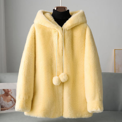 Women’s Faux Fur Hooded Coat with Pom Details