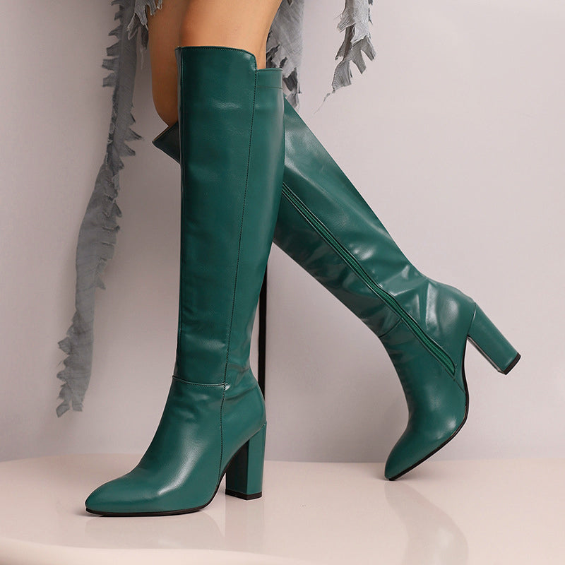 Women’s Faux Leather Knee Boots with High Block Heels