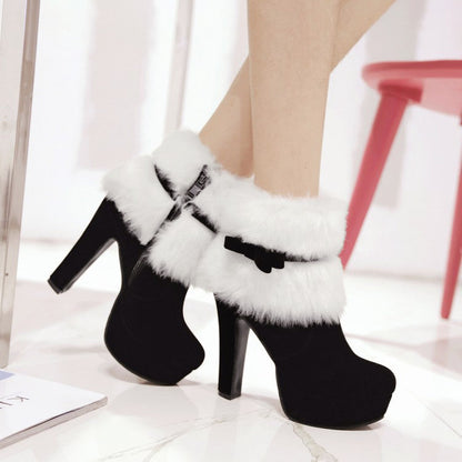 Women’s Festive High-Heel Boots with Fur and Bow Accent