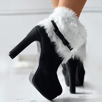 Women’s Festive High-Heel Boots with Fur and Bow Accent
