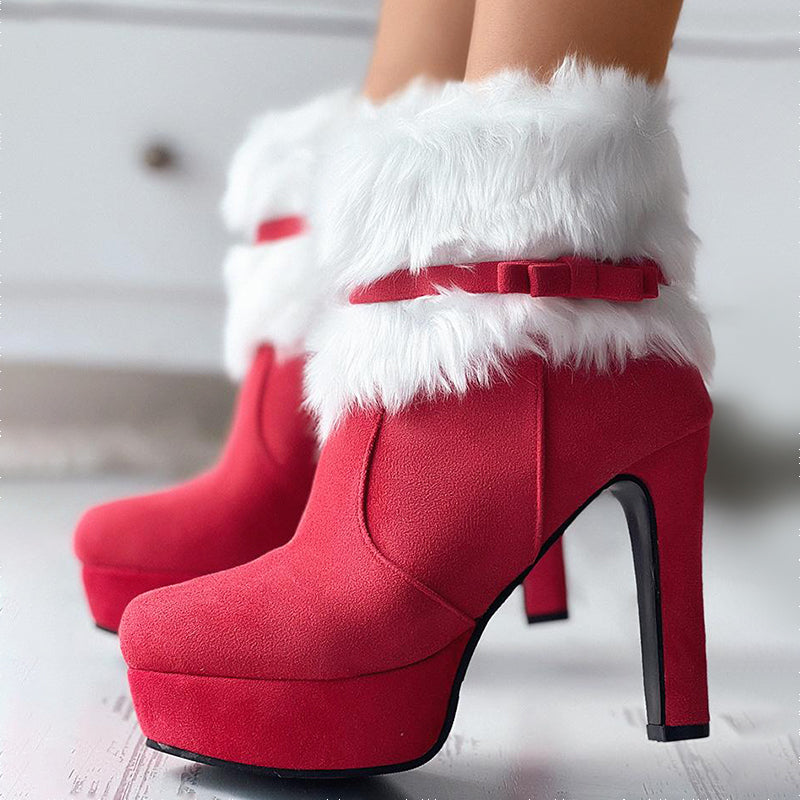 Women’s Festive High-Heel Boots with Fur and Bow Accent