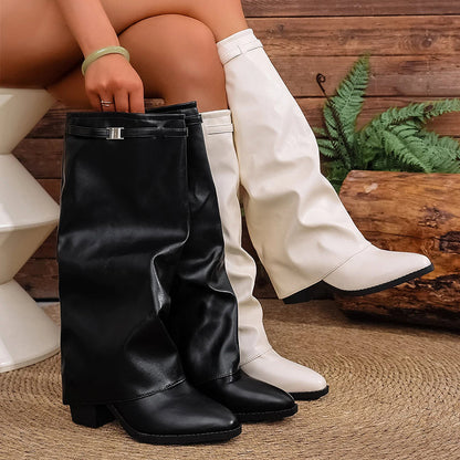 Women’s Fold-Over Knee Boots with Square Heels