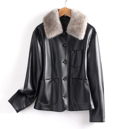 Women’s Fur Collared Leather Jacket with Patch Pockets