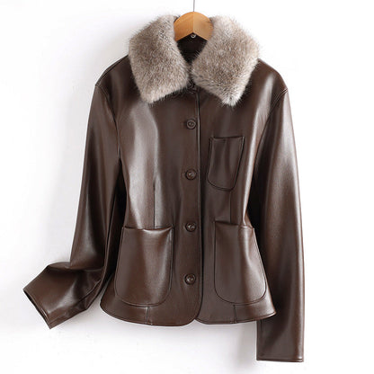 Women’s Fur Collared Leather Jacket with Patch Pockets