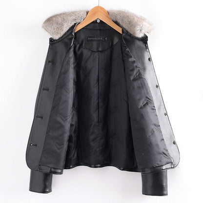 Women’s Fur Collared Leather Jacket with Patch Pockets