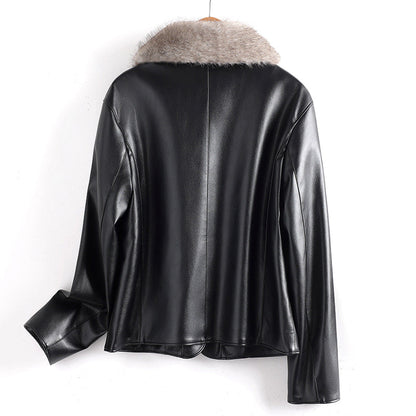 Women’s Fur Collared Leather Jacket with Patch Pockets