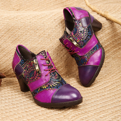 Women's Genuine Leather Heels with Floral Patchwork Panels