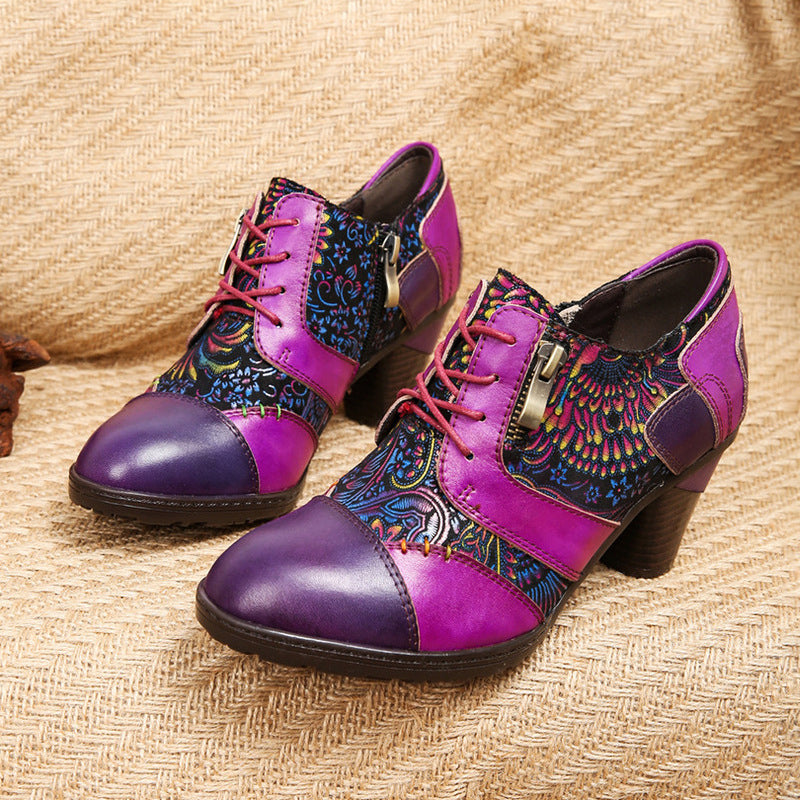 Women's Genuine Leather Heels with Floral Patchwork Panels